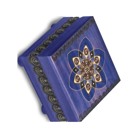 Fashion Blue Floral Carved Painted Wooden Puzzle Box (4.75 X 4.75) Made In Poland gm16142