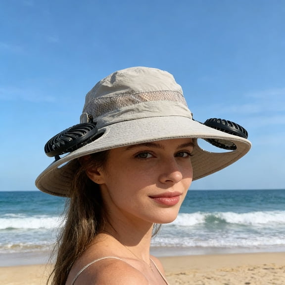 Cool Fan Hat Adjustable Wide Brim Sun Hat with 2 Silent Rechargeable Fans for Women Men, Breathable Waterproof Fabric, Detachable Fans, Sun Protection for Camping Beach Summer Outdoor Gray