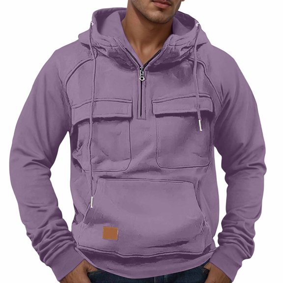 ZHOUCHANKIDS Men's Casual Hooded Lined Pullover Jacket Warm Winter Outdoor Wear With Front Pocket For Daily Comfort Light Purple S