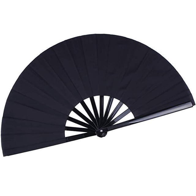 Abanico de mano plegable de seda, grande, color negro, para hombres y mujeres, para baile, decoración, festival, regalo,