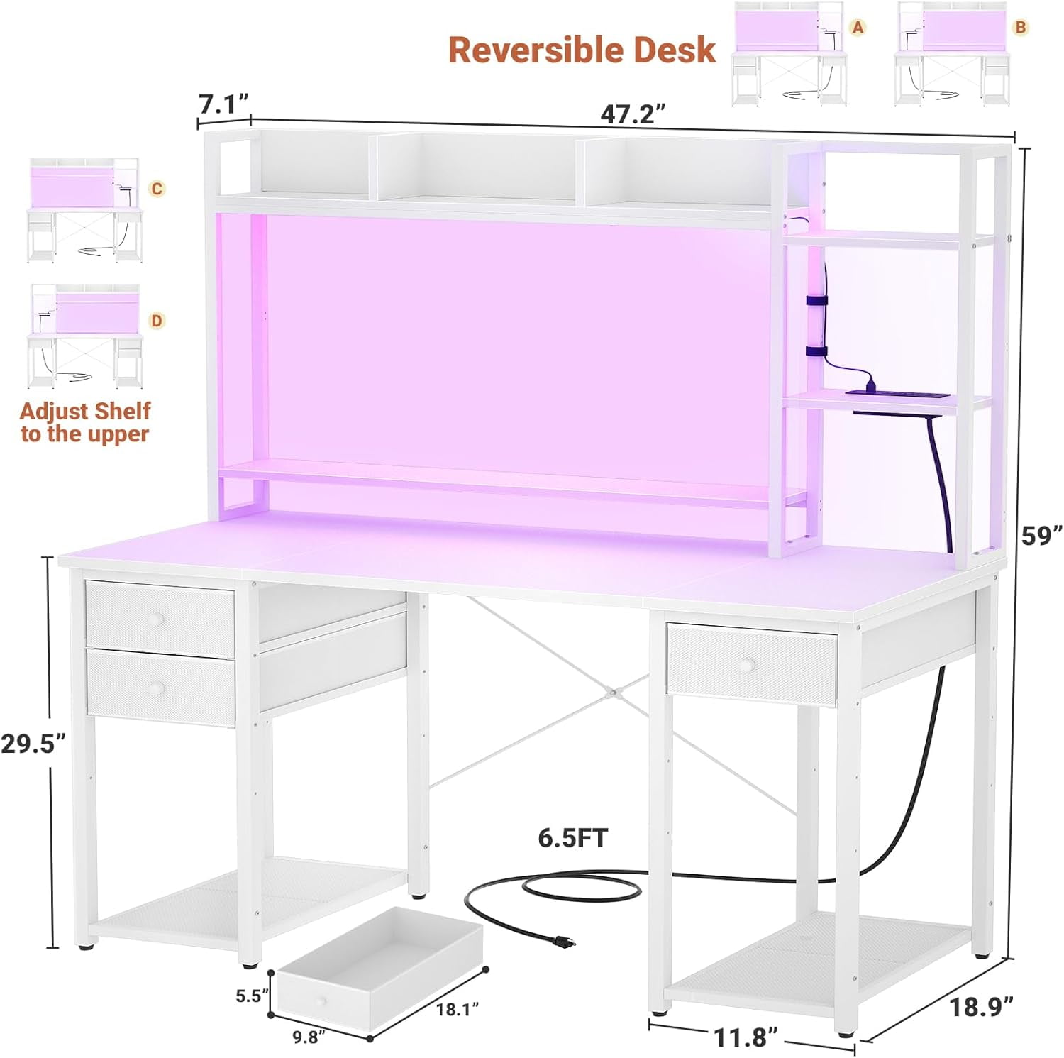 iSunirm Desk with LED Light and Power Outlet, 47.2'' Gaming Desk with Hutch, Reversible Computer Desk with Drawers, and Storage Bookshelf, Large Workstation Desk, for Home & Office, White