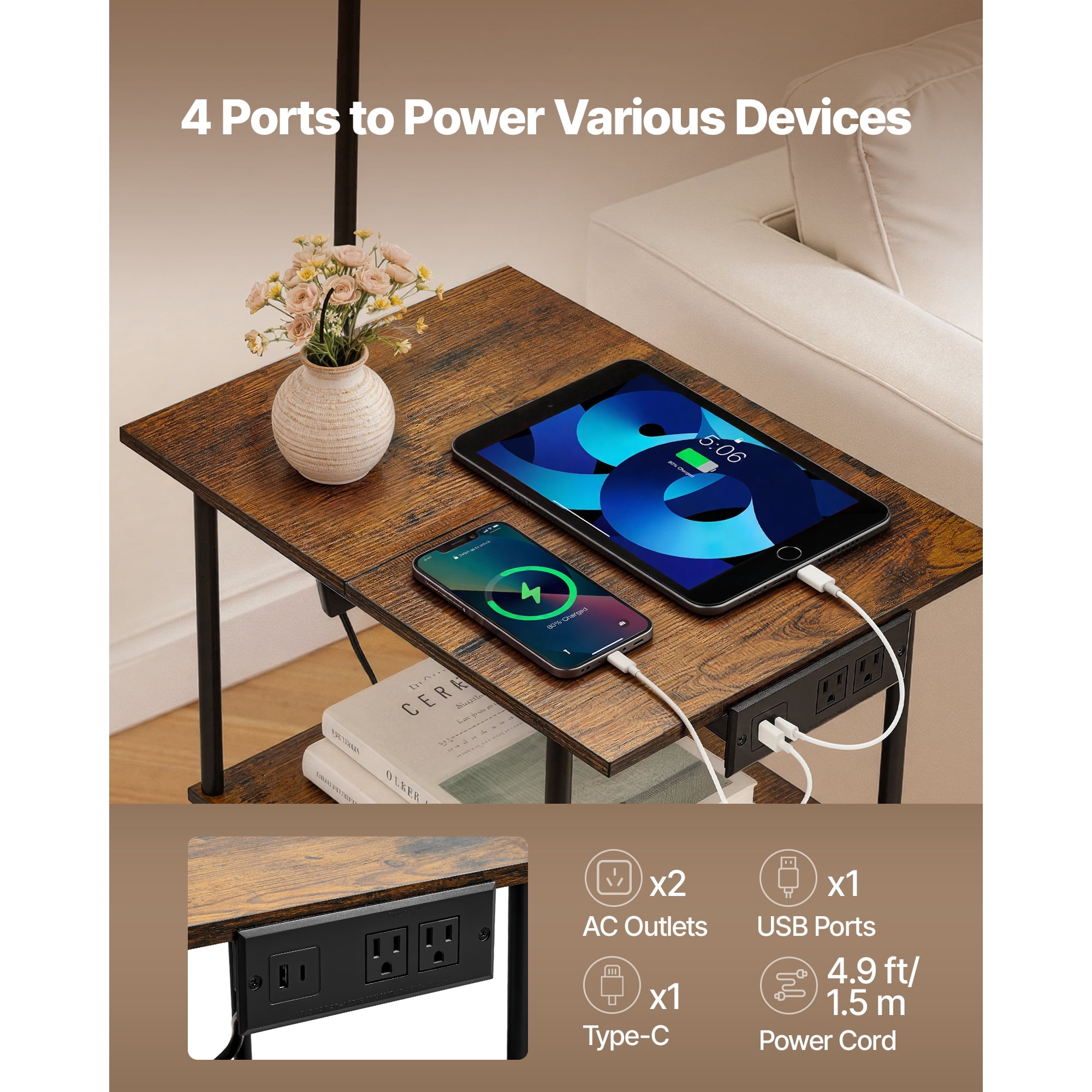 KFFKFF Floor Lamp with Table, 14“*19.7”, 3-Tier End Table with Charging Station, 3-Mode Lighting, Perfect for Living Room, Bedroom, or Dorm
