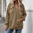 thumbnail image 2 of Fesfesfes Women's Casual V Neck Hoodless Sweatshirt Drop Shoulder Long Sleeve Loose Fit Solid Color Pullover Top with Kangaroo Pocket for Fall Winter Daily Wear, 2 of 9