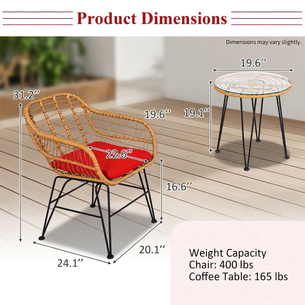 Hommoo 3-Piece Rattan Outdoor Furniture Set, 2 Cushioned Chairs + Tempered Glass Coffee Table, Weather-Resistant, Indoor/Outdoor Use, Red