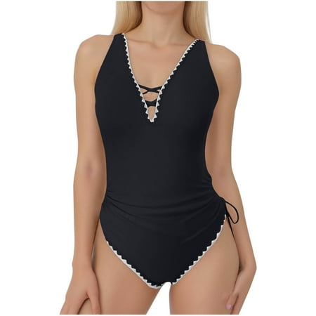 Arnsht Womens Tummy Control Swimsuits Modest Slimming One Piece Bathing Suit Cute Color Block V Neck Drawstring Swim Suit Black S