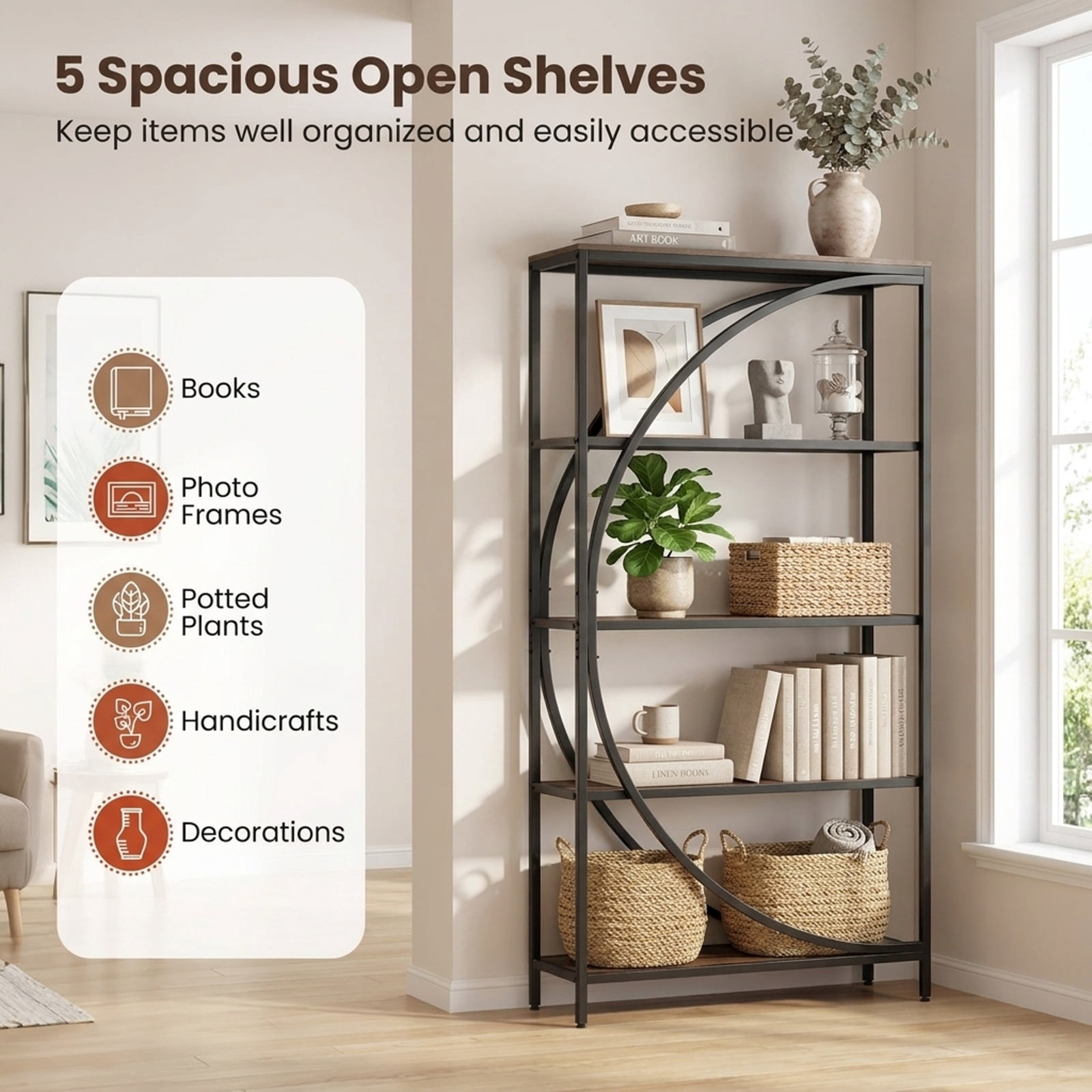 Furnibear 5-Tier Bookshelf with Half-Moon Shape for Living Room and Home Office for Living Room Home Office Bedroom Display Storage, Rustic Brown