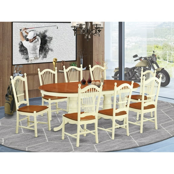 East West Furniture Plainville 9-piece Wood Dining Room Set in Buttermilk/Cherry