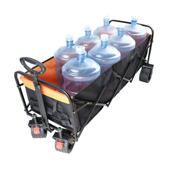 Big large capacity Folding cart Extra Long Extender Wagon Cart Folding Wagon Garden Shopping Beach Cart (black   orange)