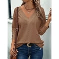 thumbnail image 4 of Women'S Tops Dressy Casual V Neck Long Sleeve Buttons Hollow Out Lace Embroidered Blouses Shirts Coffee Color L, 4 of 7