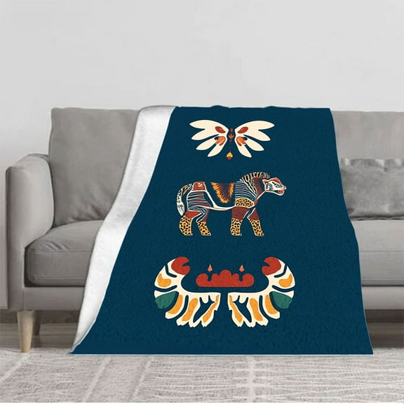 Stylish Earthy Toned Flannel Blanket - Cozy Soft Blanket with Horse & Butterfly Patterns for Sofa Travel Bed Chair
