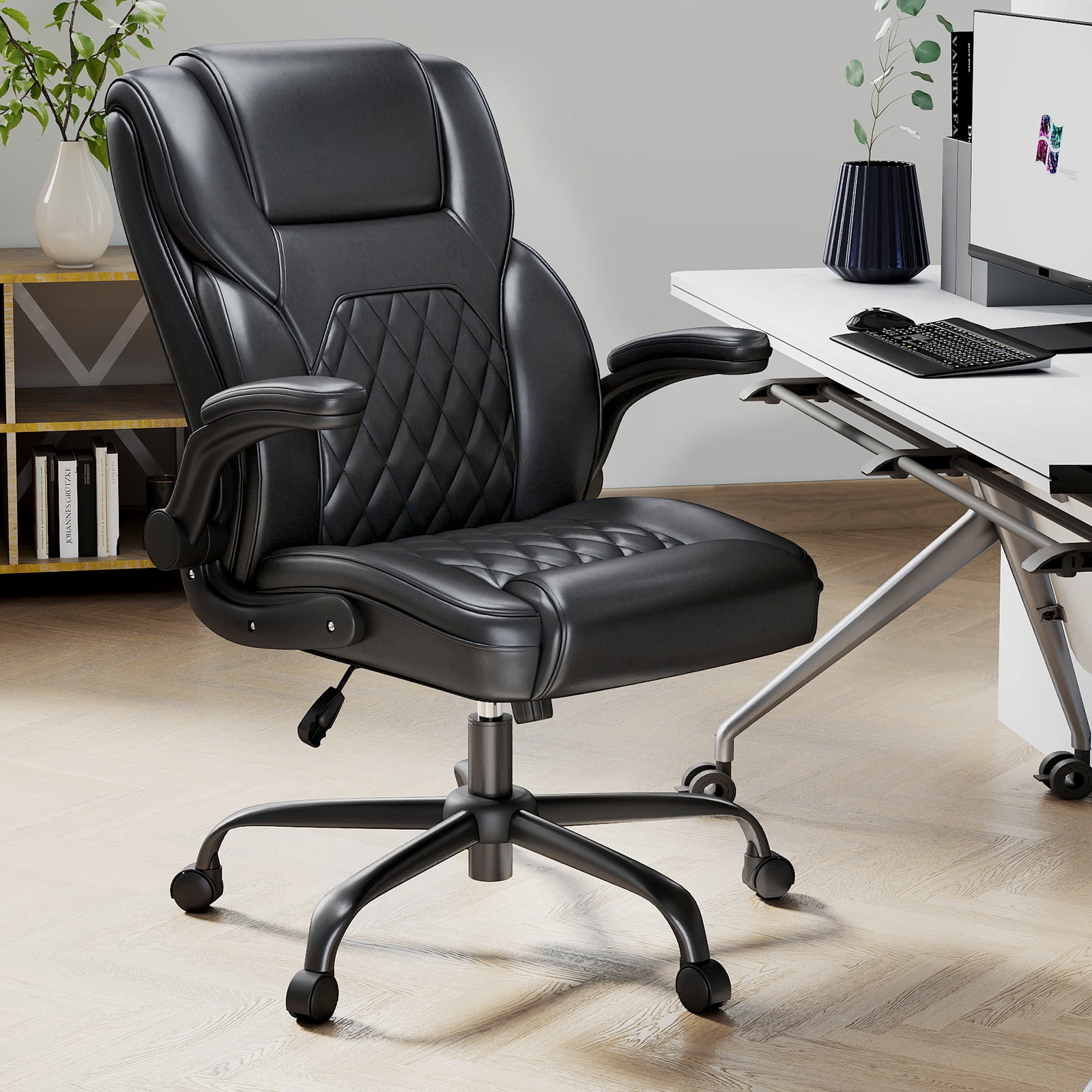 YERAIRR  Leather Office Chair  Big and Tall Wide Seat Task Chair Ergonomic Computer Desk Chair High Back, Adjustable Armrests, Thick Seat Cushion Black