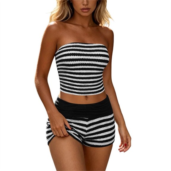Iyufng Two Piece Sets for Women Summer Strapless Top and Elastic Waist Shorts Striped Outfits