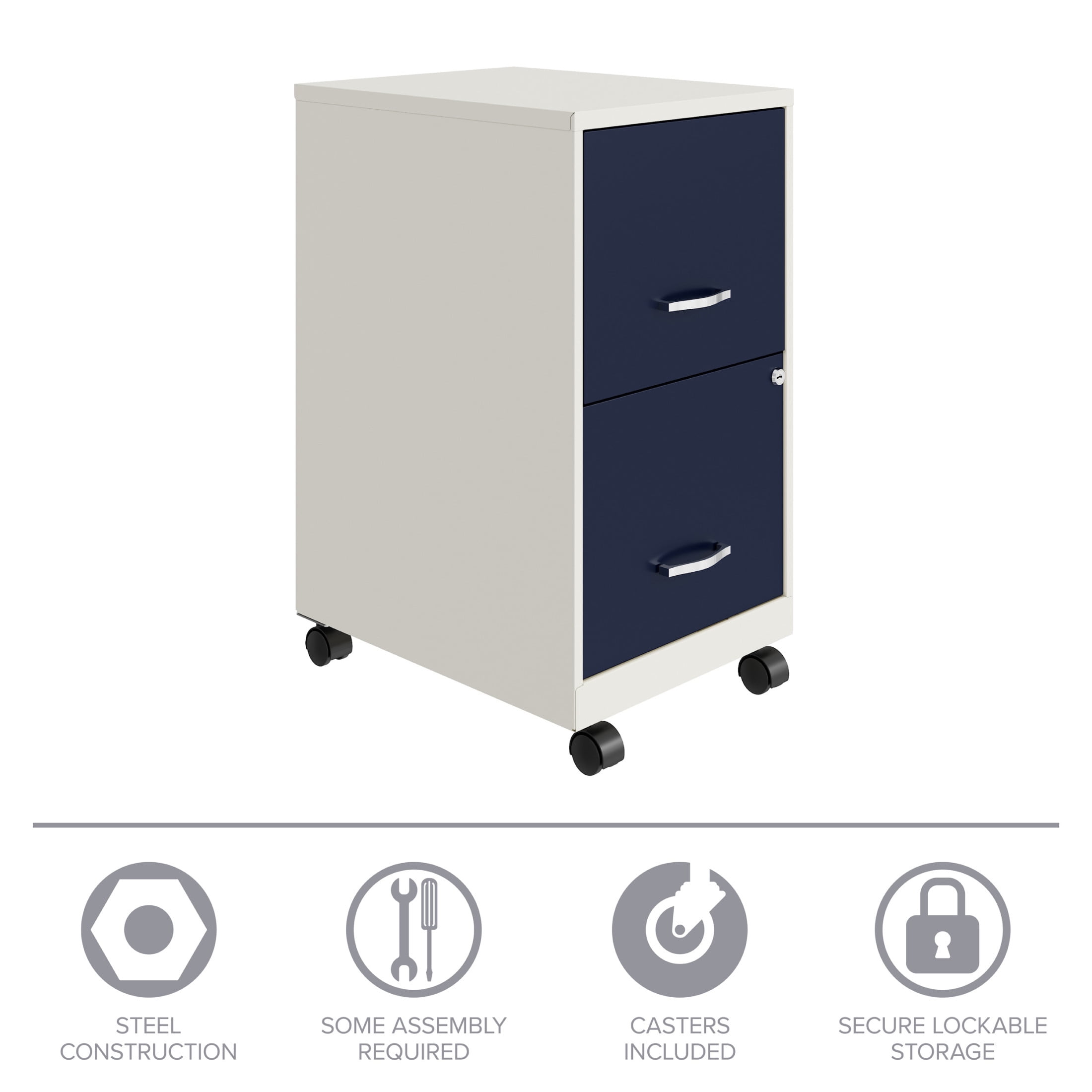 Space Solutions 18" Deep 2 Drawer Mobile Letter Width Vertical File Cabinet, White/Navy