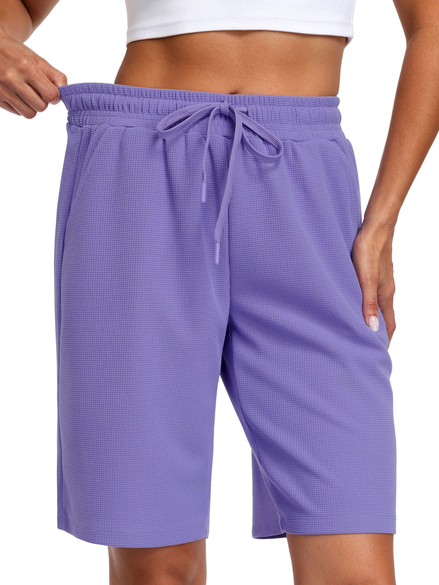 NELEUS Women's 9" Bermuda Shorts Waffle Knit High Waisted Breathable Lounge Casual Shorts with Pockets,Purple,US Size L