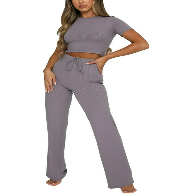 Women‘s High Waist Drawstring Knitted Loose Fitting Wide Leg Pant Solid Color Casual Trousers