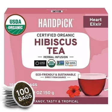 HANDPICK, Organic Hibiscus Herbal Tea (100 Count) | Promotes Healthy Skin, Supports Heart Health, Regulates Blood Pressure, Kombucha Tea | USDA Organic, Caffeine Free, Non-GMO, Gluten Free