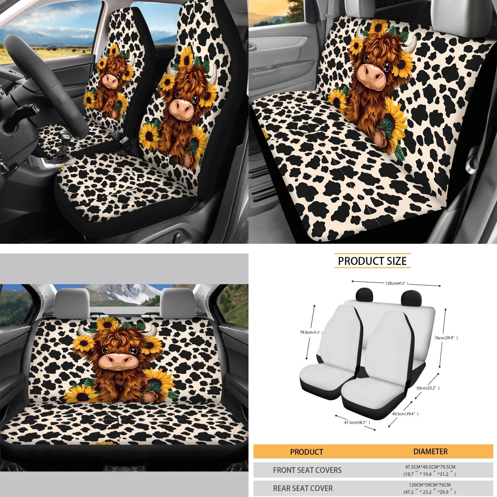 Yuyamidu 16 PCS Highland Cow Car Seat Covers and Steering Wheel Cover Sunflower Car Windshield Sun Shade Seat Belt Pad Cover Gear Shift Hand Brake Cover Rear View Mirror Cover Cup Holders Keychain
