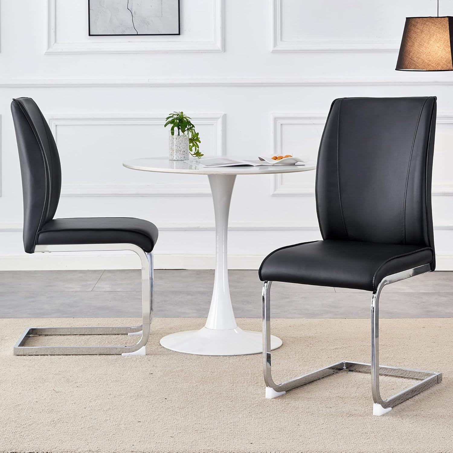 SUDICA Set of 4 Black PU Leather Dining Chairs, Modern High Back Upholstered Chairs with Chrome Metal Legs for Dining Room and Kitchen