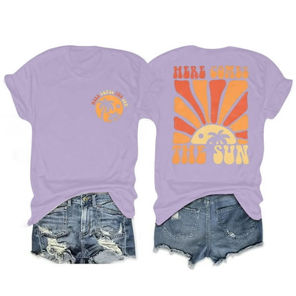 LUOGENLI Female T-shirts for Womens Women's Summer Printed Round Neck Raglan Short Sleeve Casual Beach Style Top T Shirt (2) 4xl Womens T-shirts Graphic Tees St. Patrick's Day Purple XXL