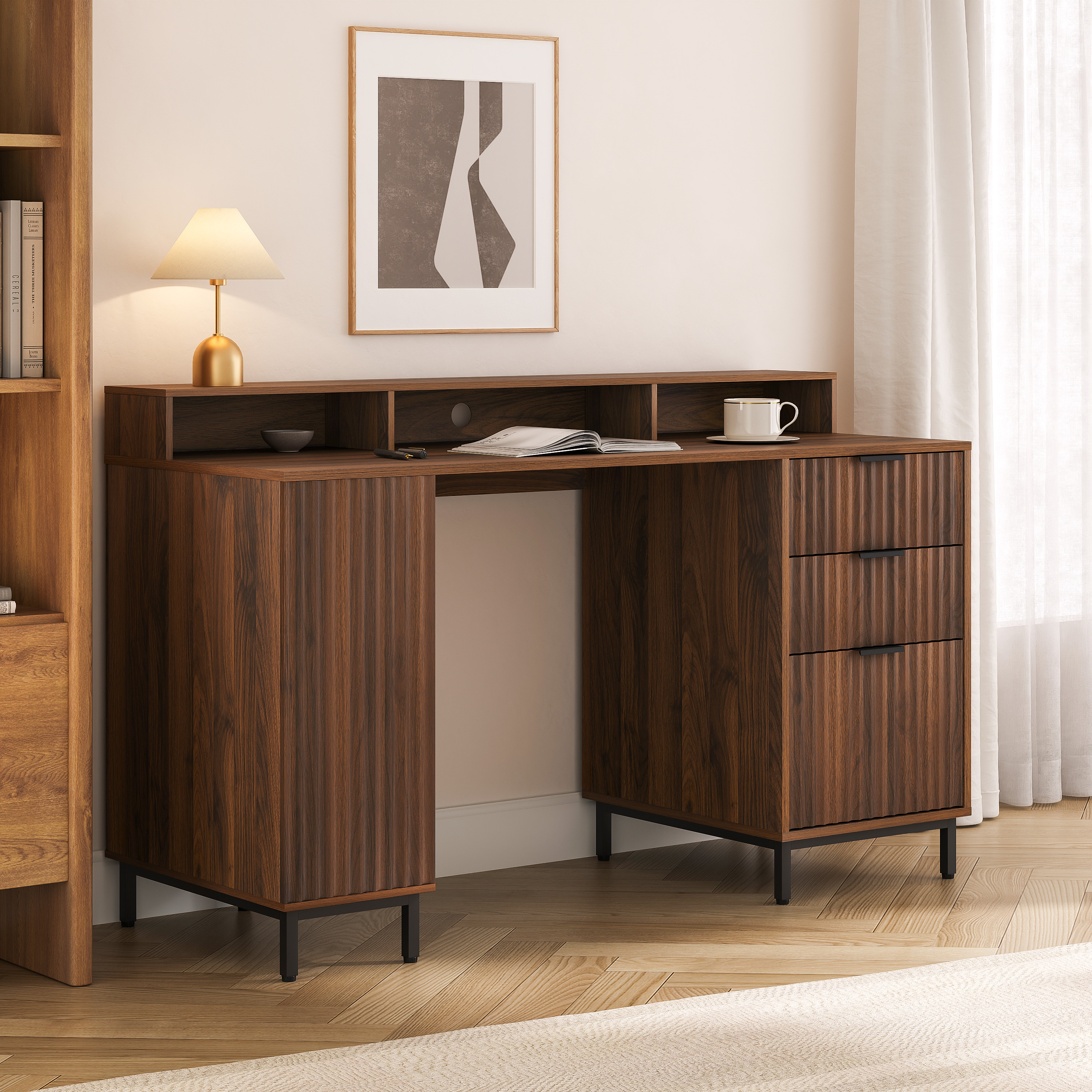 EYYTHUNG Fluted Executive Desk, 55" Modern Wood Office Desk with Monitor Stand & Charging Station, Home Writing Study Computer Table, Brown