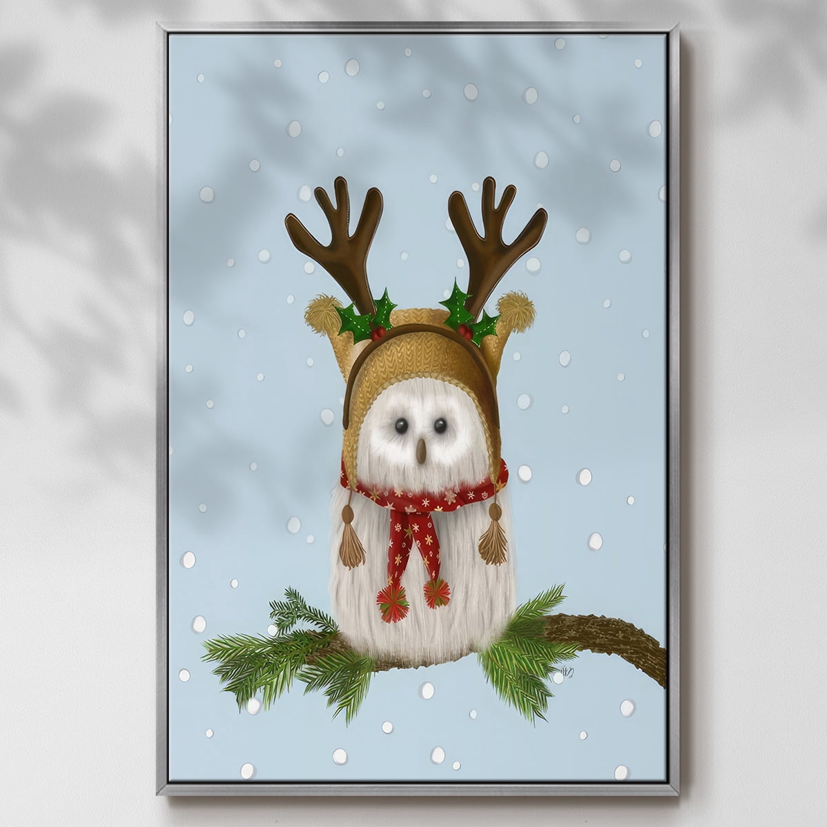 Christmas Fluffy Owl and Antlers - Framed Gallery Wrapped Holiday Canvas - 25 x 37 - Silver Frame