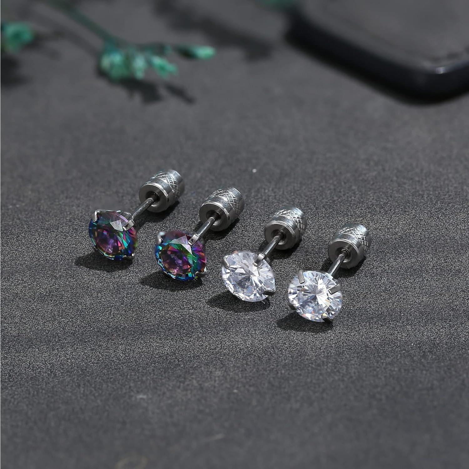 Jstyle Titanium Stud Earrings for Men Women, Studs Hypoallergenic, G23 Titanium Earrings for Sensitive Ears, Titanium Screw Back Earrings Round Cut CZ Stud Earrings Surgical Steel