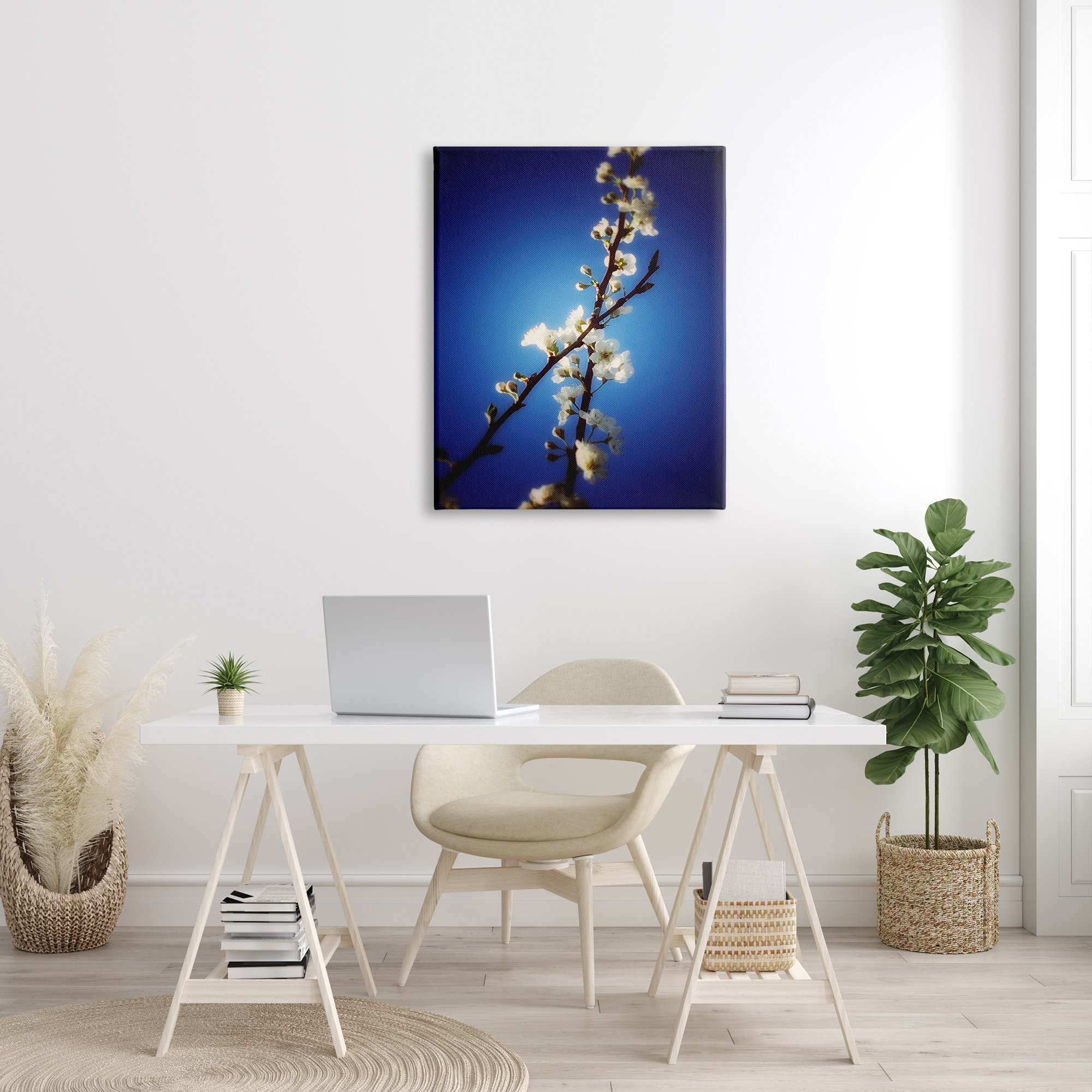 Stupell Industries White Tree Blossom Florals Over Deep Indigo Blue Botanical & Floral Painting Gallery Wrapped Canvas Print Wall Art, 30 x 40