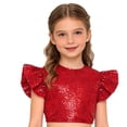 thumbnail image 4 of iiniim Girls Sparkle Sequin Dance Shirt Ruffle Sleeveless Crop Top For Jazz Hip-hop Stage Performance Red 12, 4 of 7