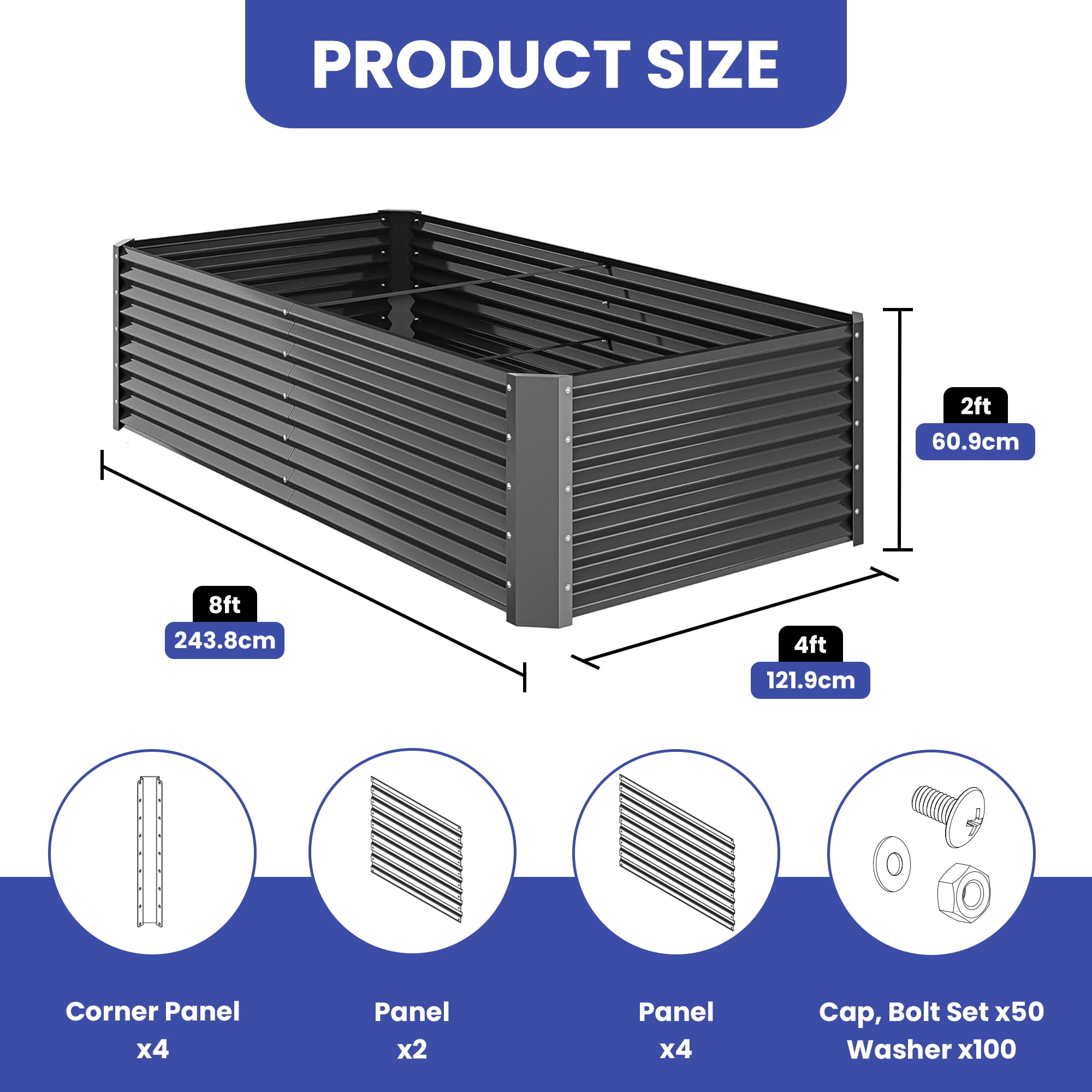 ModFusion 2 Pack 8x4x2 Ft High Metal Galvanized Raised Garden Bed Kit with Support Rod, Corner Panel Protection, Above Ground Planter Box, Large Gardening Pot, Dark Gray