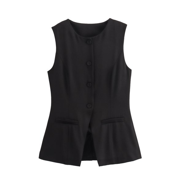 Gupgi Women Long Waistcoat Button Down Vest Sleeveless Round Neck Solid Color Slim Fit Tank Tops