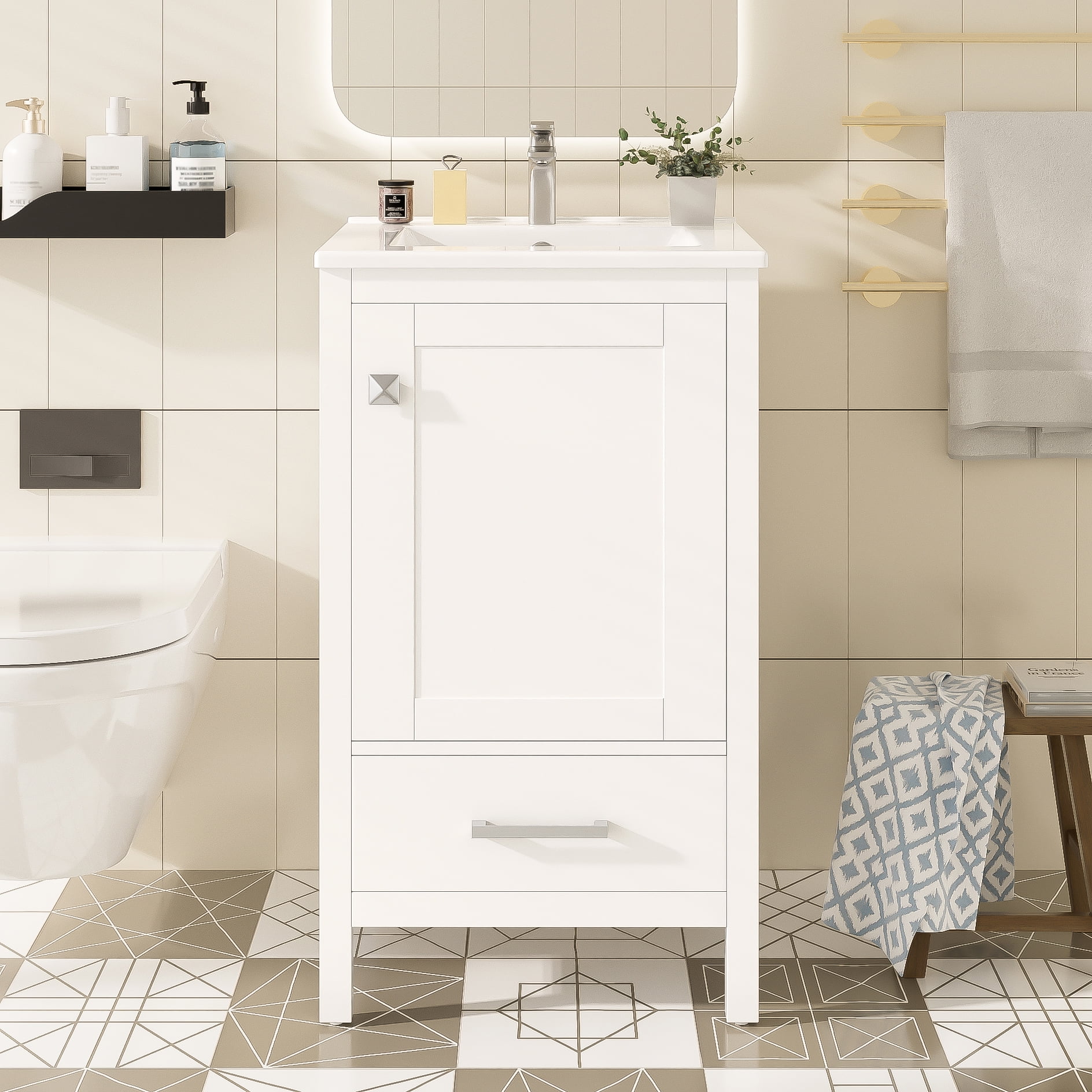 Euroco 20-Inch Modern Bathroom Vanity with Ceramic Sink, Soft-Close Drawer & Door, Double-Layer Door Organizer, Divider Drawer, Adjustable Foot Pads