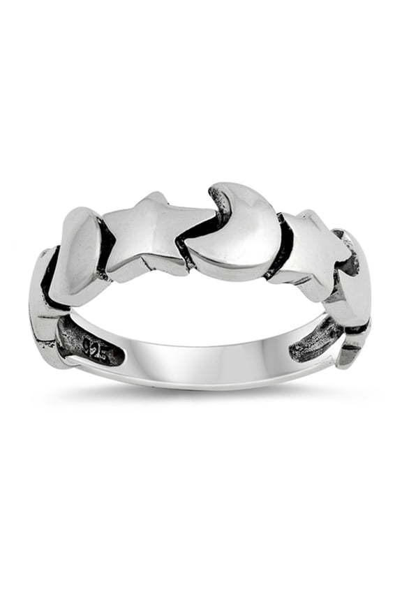 Oxidized Moon Star Mystical Galaxy Ring .925 Sterling Silver Band Jewelry Female Male Unisex Size 10