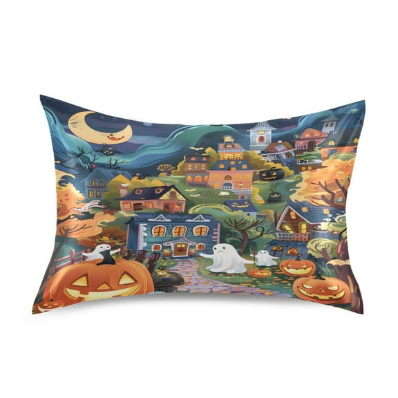 JSTEL Halloween Town Satin Pillowcase Standard Size Pillow Cases Envelope Closure Bed Pillow Cover, 20 x 26 inch