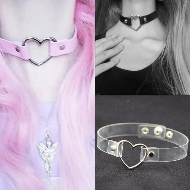 Colorful Necklace Japanese Style Halloween Women Accessory Leather Chokers Chain Neck Wear Adjustable Sparkling Heart Choker Deep blue