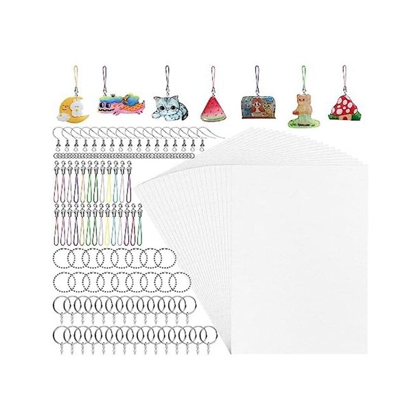 290 hojas: kit de láminas termorretráctiles, 30 hojas de arte retráctiles A4, 40 ganchos para aretes, 120 llaveros para manualidades
