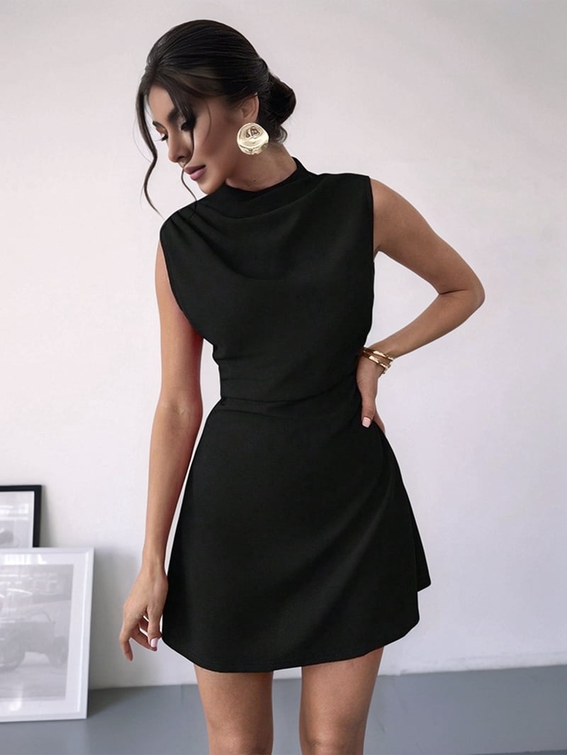 Women'S Mini Dress Ruched Mock Neck Sleeveless A Line Party Summer Dresses
