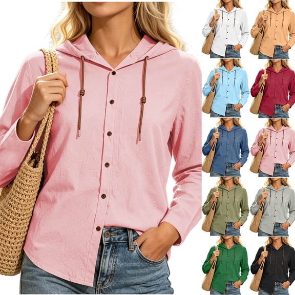 Womens Tops 100% Cotton Hooded Button Down Fashion Drawstring Long Sleeve Jacket Top