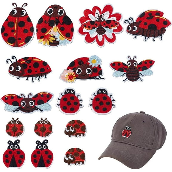 16 Pcs 12 Styles Ladybug Embroidery Patches Cartoon Cute Iron on Patches Small Embroidered Patch Appliques for Shoes Backpack Repairing and Decorations