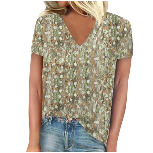 Blusas para las Mujeres Casual Cuello en V Manga Corta Impresa, 95% Poliéster 5% Spandex Camiseta Top para el Día a Día, Fiesta Y Ropa de Trabajo