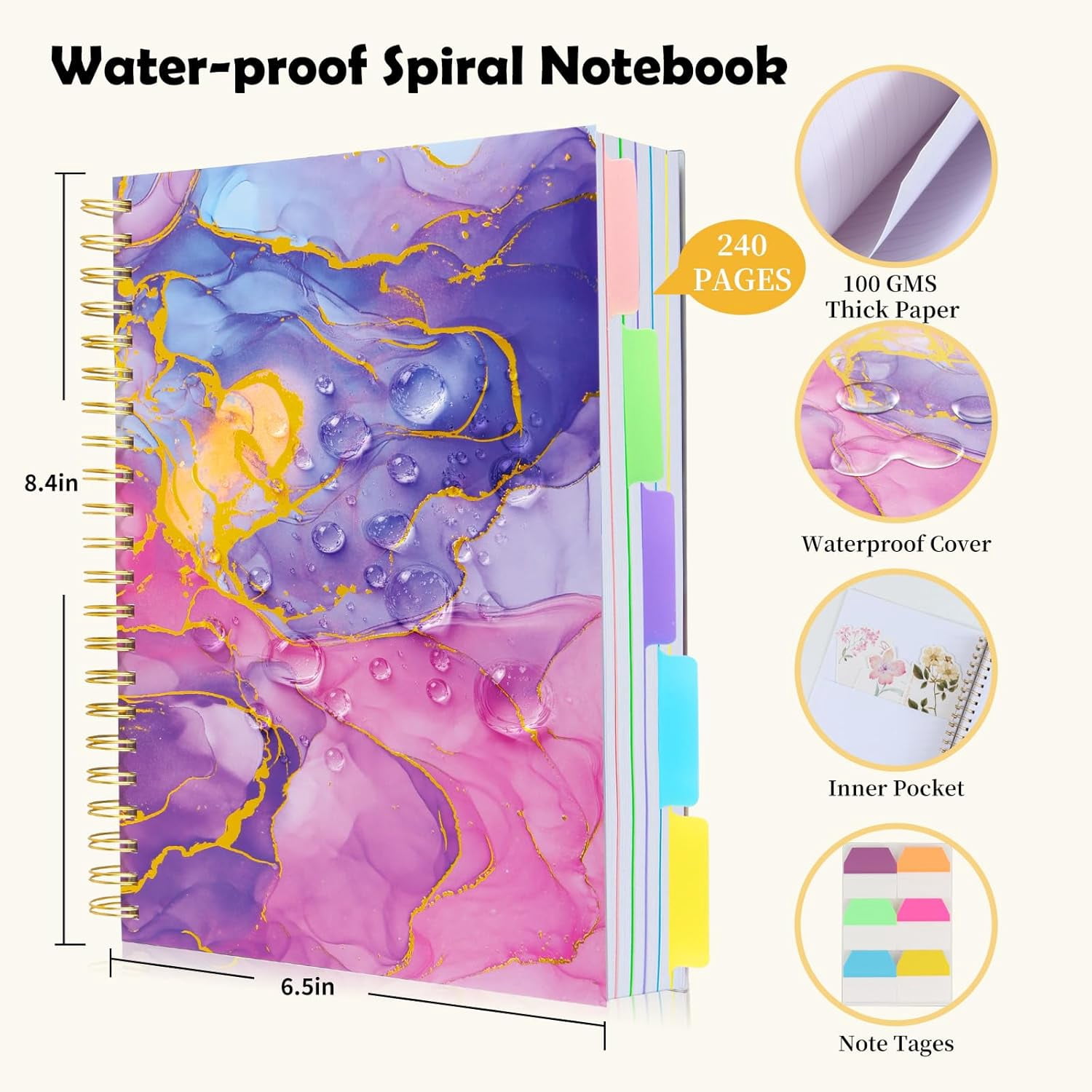 5 Subject Notebook College Ruled, A5 Spiral Notebook with Removable Pocket Dividers Tabs, Lined Organizer Notebook Journal for Women, 240 Pages Notebooks for Work School Note Taking, Pink Marble