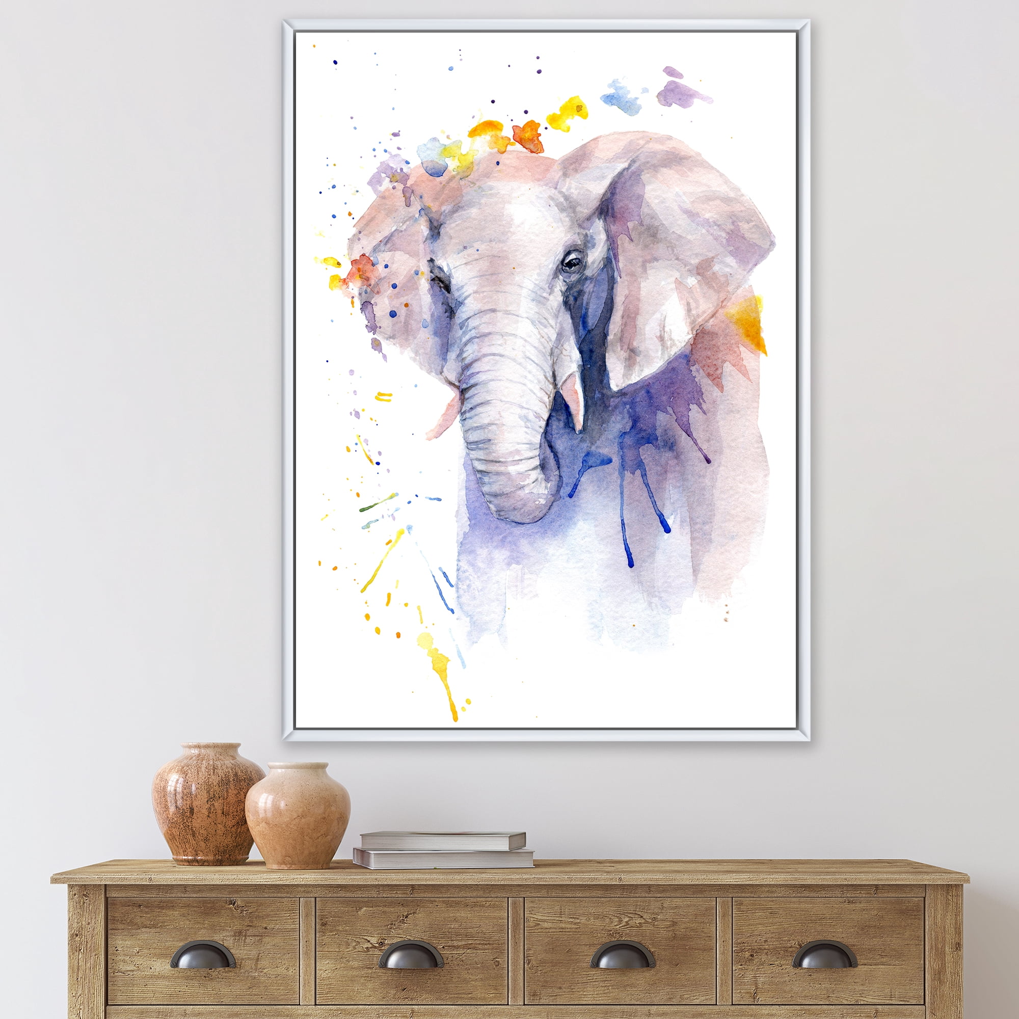 Designart 'Portrait of An Elephant Yellow and Blue Strokes' Farmhouse Framed Canvas Wall Art Print