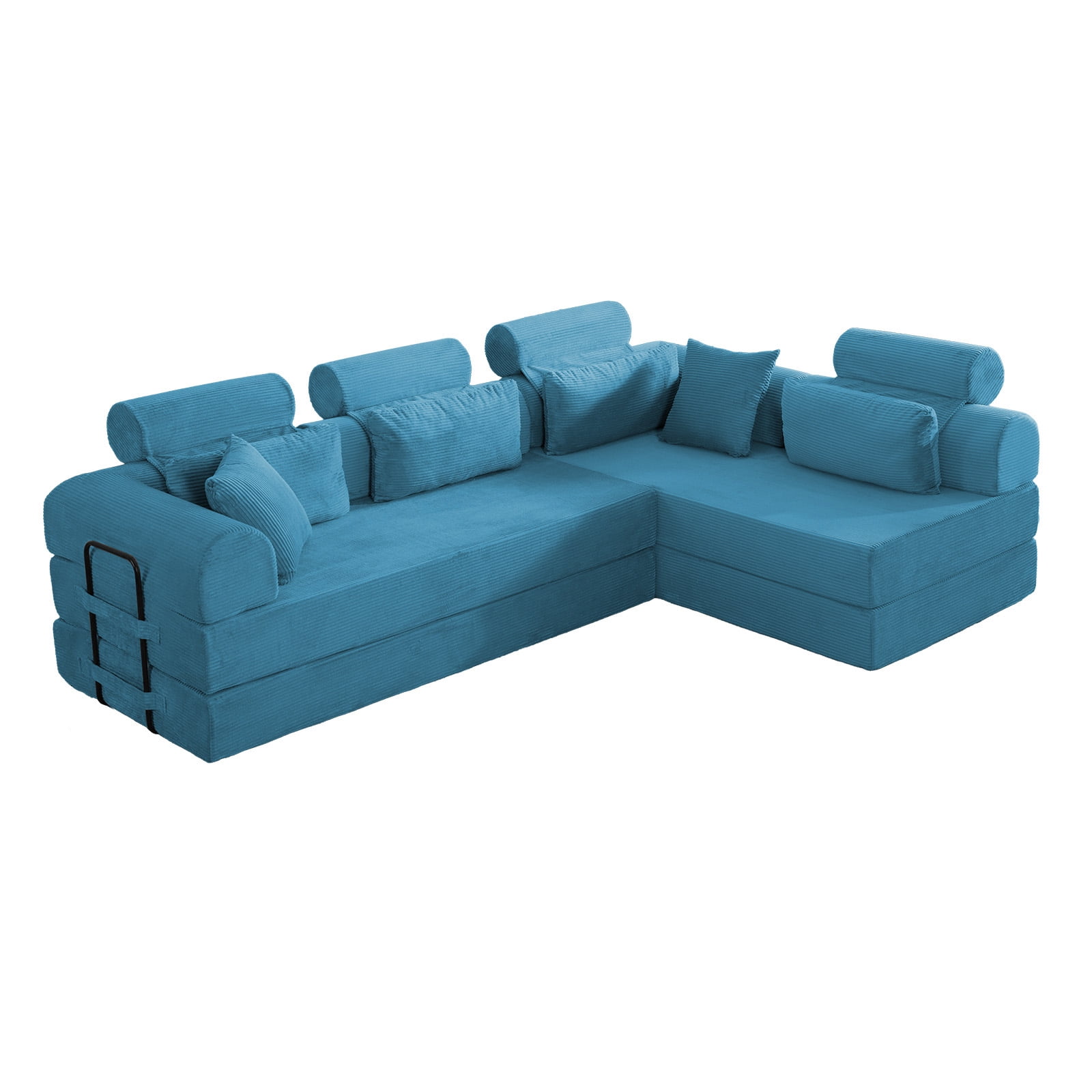 L-Shaped Sectional Sofa Converts to Bed, Corduroy Chaise Lounge with 28D High-Density Foam, No Assembly Compressed Couch for Apartments and Studios, Sky Blue