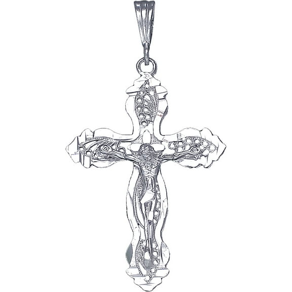 Large Sterling Silver Cross with Jesus Pendant Necklace with Diamond Cut Finish