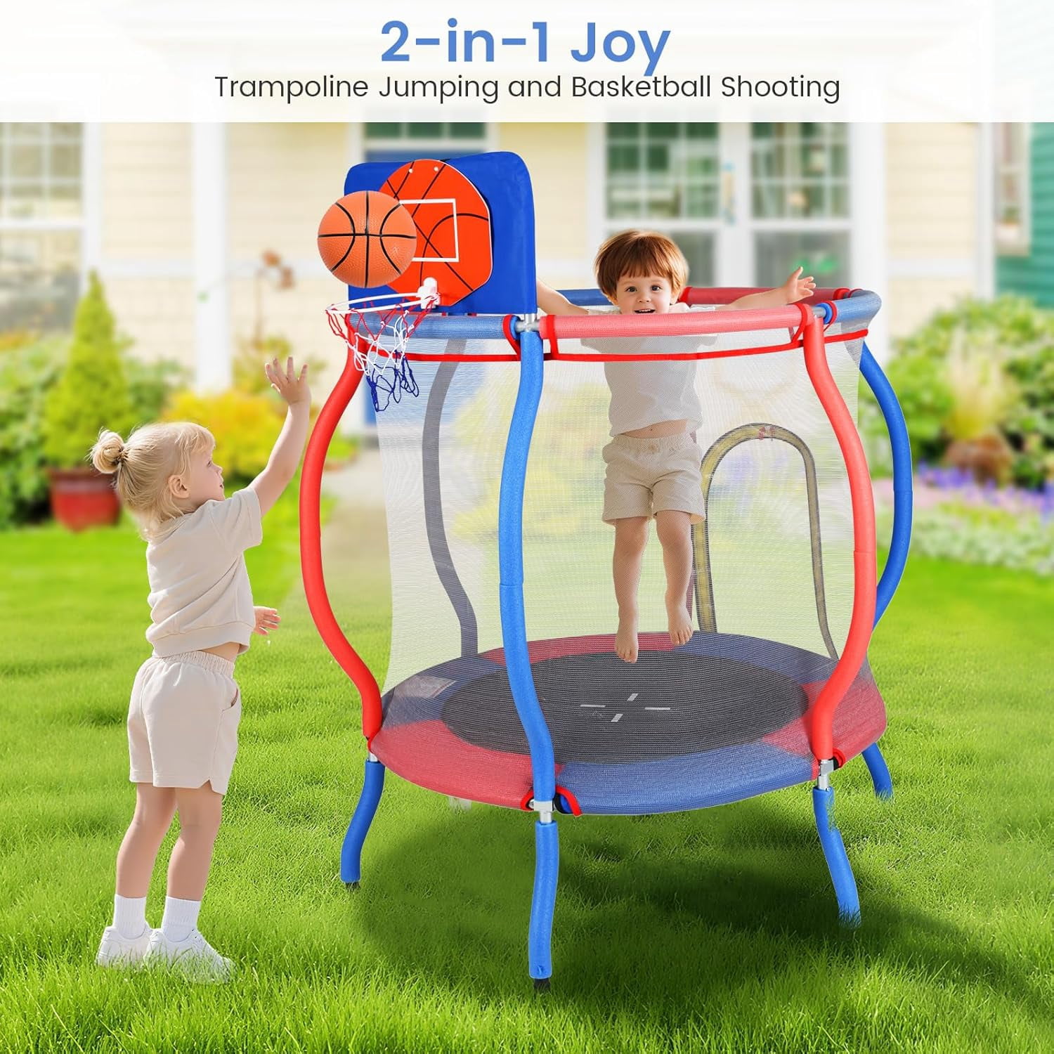 OLAKIDS 48" Trampoline for Kids, Outdoor Indoor Toddler Trampoline with Safety Enclosure Net Basketball Hoop Anti-Slip Foot Pads Zippered Door, Baby Recreational Trampolines Gift for Backyard