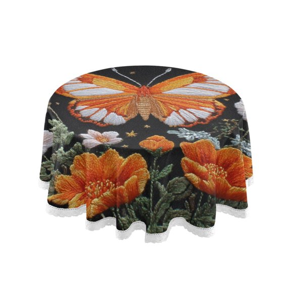 Round Single Sided Printed Tablecloth, 60 Inch Polyester Round Table Cover with White Lace Trim, Wrinkle Resistant Decorative Table Cloth for Home Orange Butterfly