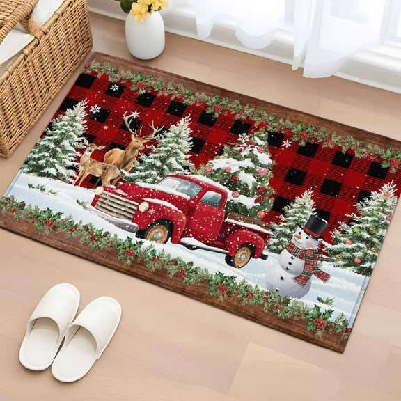 Christmas Truck Bathroom Rug Washable 2x3 Entryway Rug Non Slip Farmhouse Xmas Tree Red Buffalo Plaid Front Door Mat Low Pile Indoor Doormat Throw Floor Carpet for Kitchen Bedroom Entrance