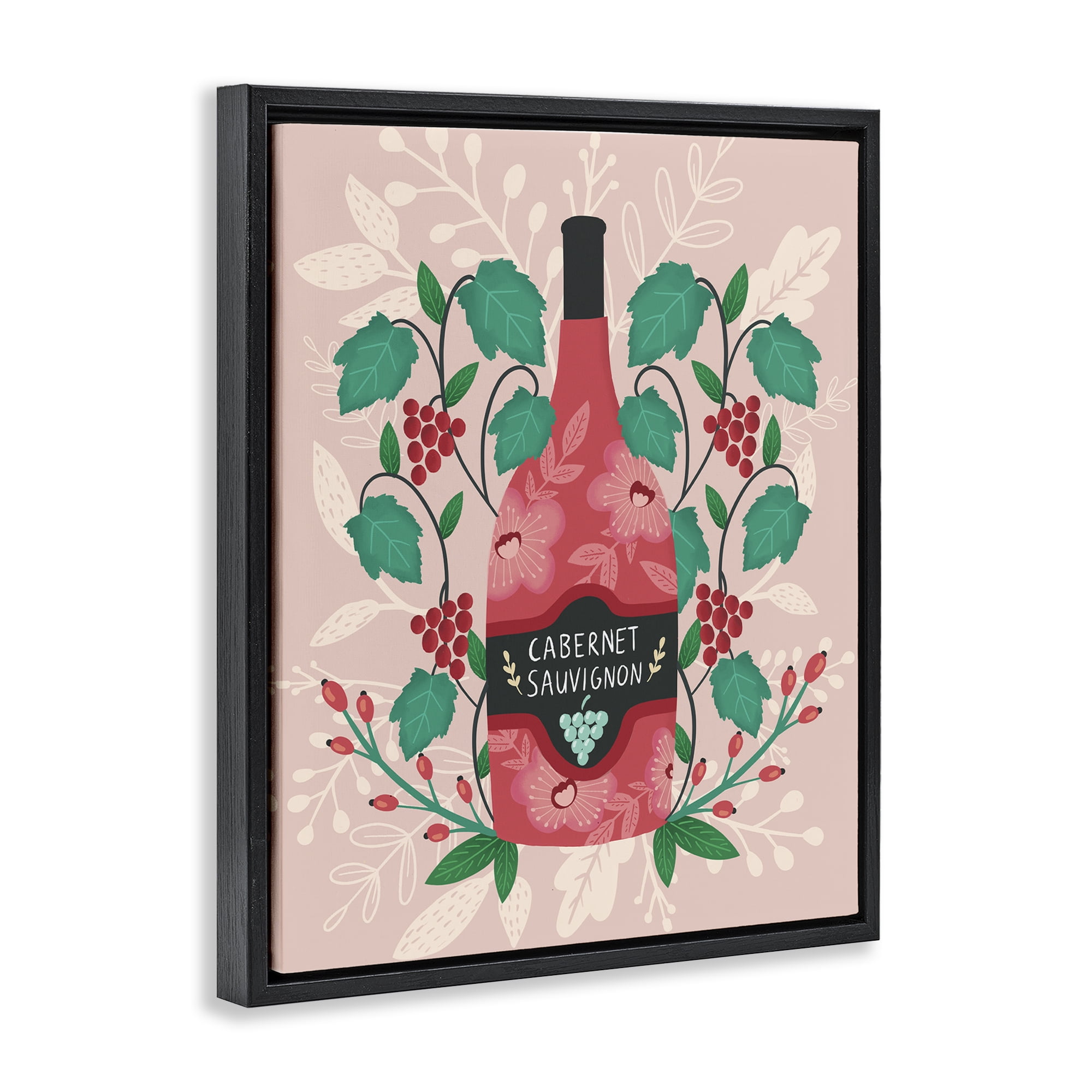 Stupell Industries Classic Floral Wine Bottle Food & Beverage Painting Black Floater Framed Canvas Art Print Wall Art, 17 x 21