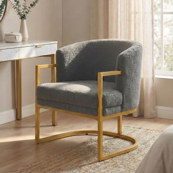 Luckynote Modern Accent Chair Cozy Armchair Upholstered Reading Chair with Gold Metal Frame Living Room, Bedroom, or Office, Grey
