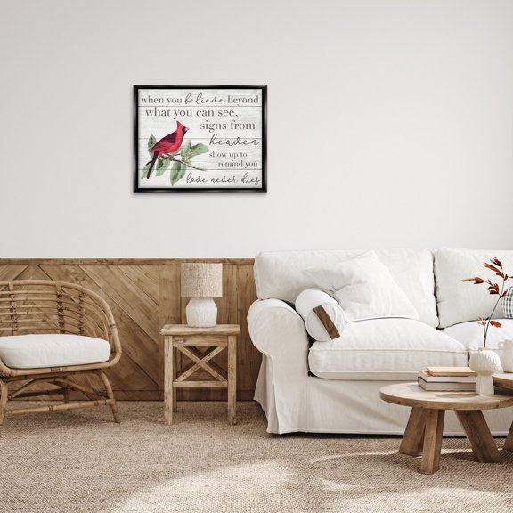 Stupell Industries Believe Love Never Dies Inspirational Cardinal Bird Word Design Jet Black Framed Floating Canvas Wall Art, 24x30, by Daphne Polselli