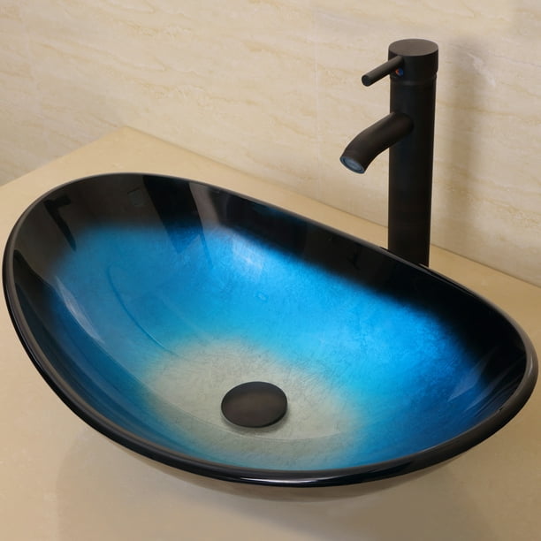 Walcut Oval Blue & Black Tempered Glass Bathroom Vessel Sink without